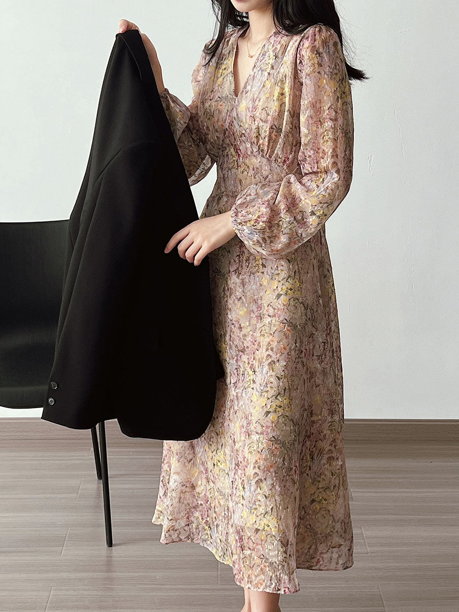 Derpai Elegantes langes Kleid mit Blumenprint Puffärmeln & V-Ausschnitt – für Urlaub