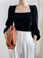 Derpai Schwarzes Samt-Top mit eckigem Ausschnitt – elegant & vintage
