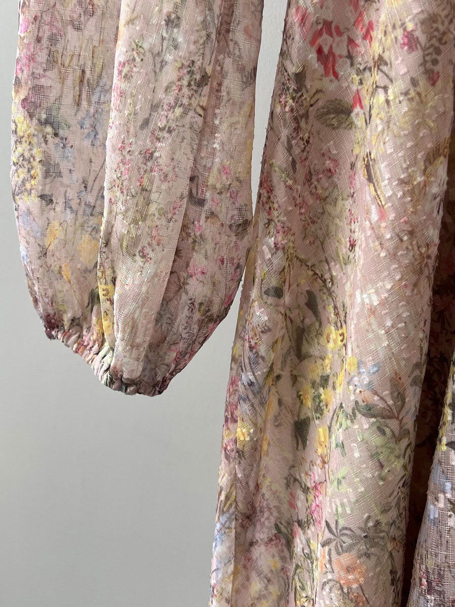 Derpai Elegantes langes Kleid mit Blumenprint Puffärmeln & V-Ausschnitt – für Urlaub