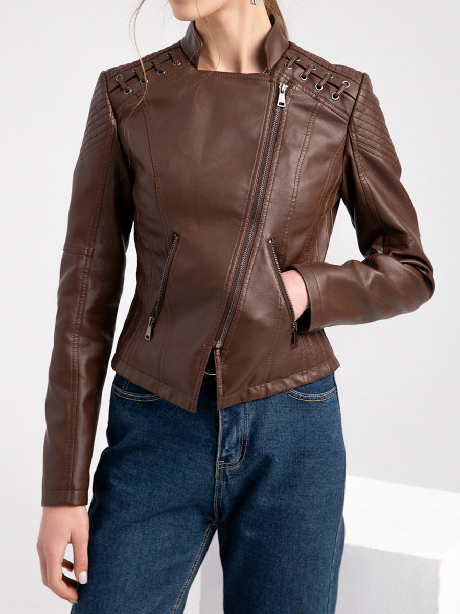 Derpai Damen-Perfecto aus PU-Leder mit Taschen und Reißverschluss