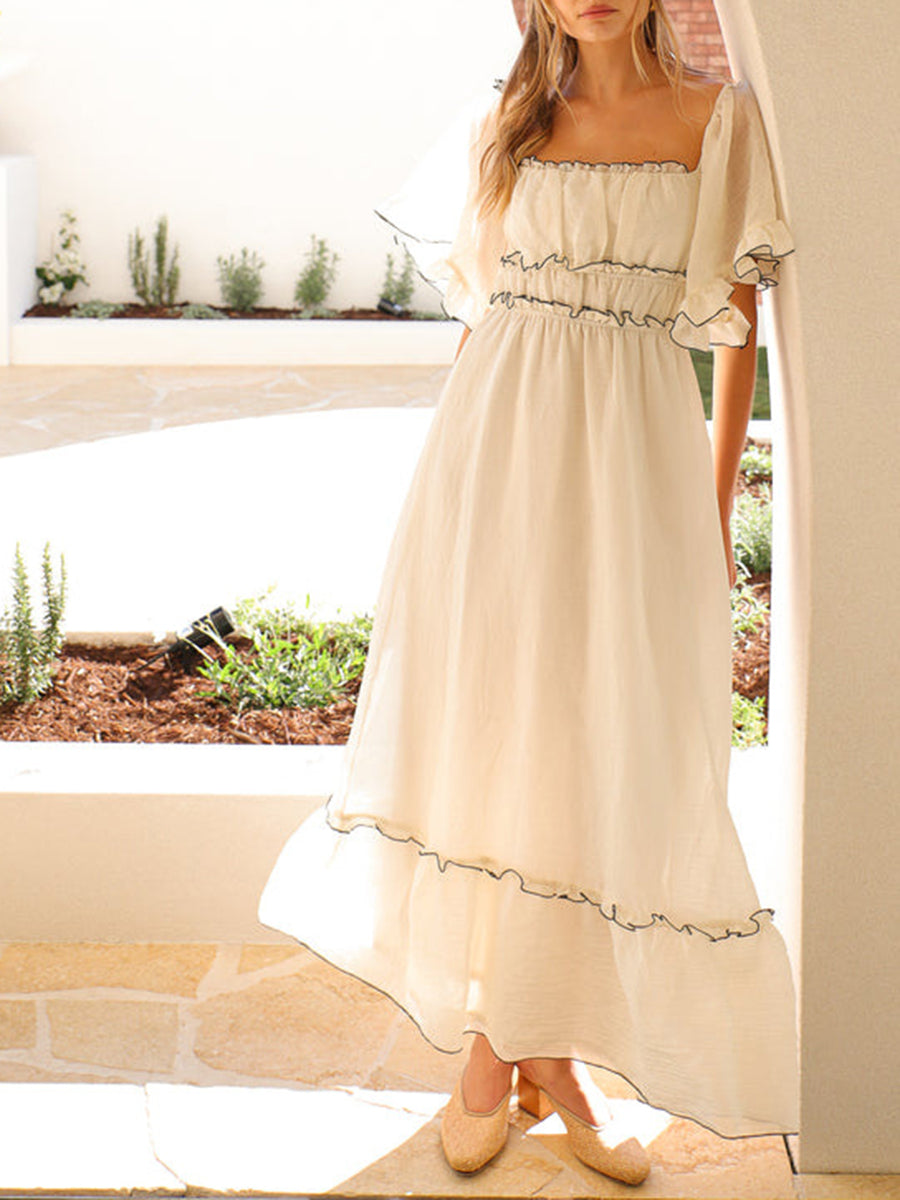Derpai Langes Kleid mit schwarzem Besatz quadratischer Ausschnitt Abschlussball Beige