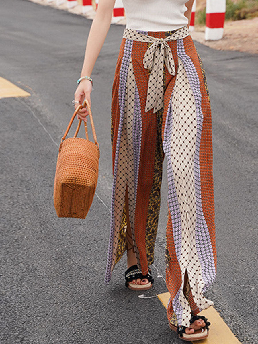 Derpai Lange weite Schlaghose mit Schlitz Damen Boho-Stil