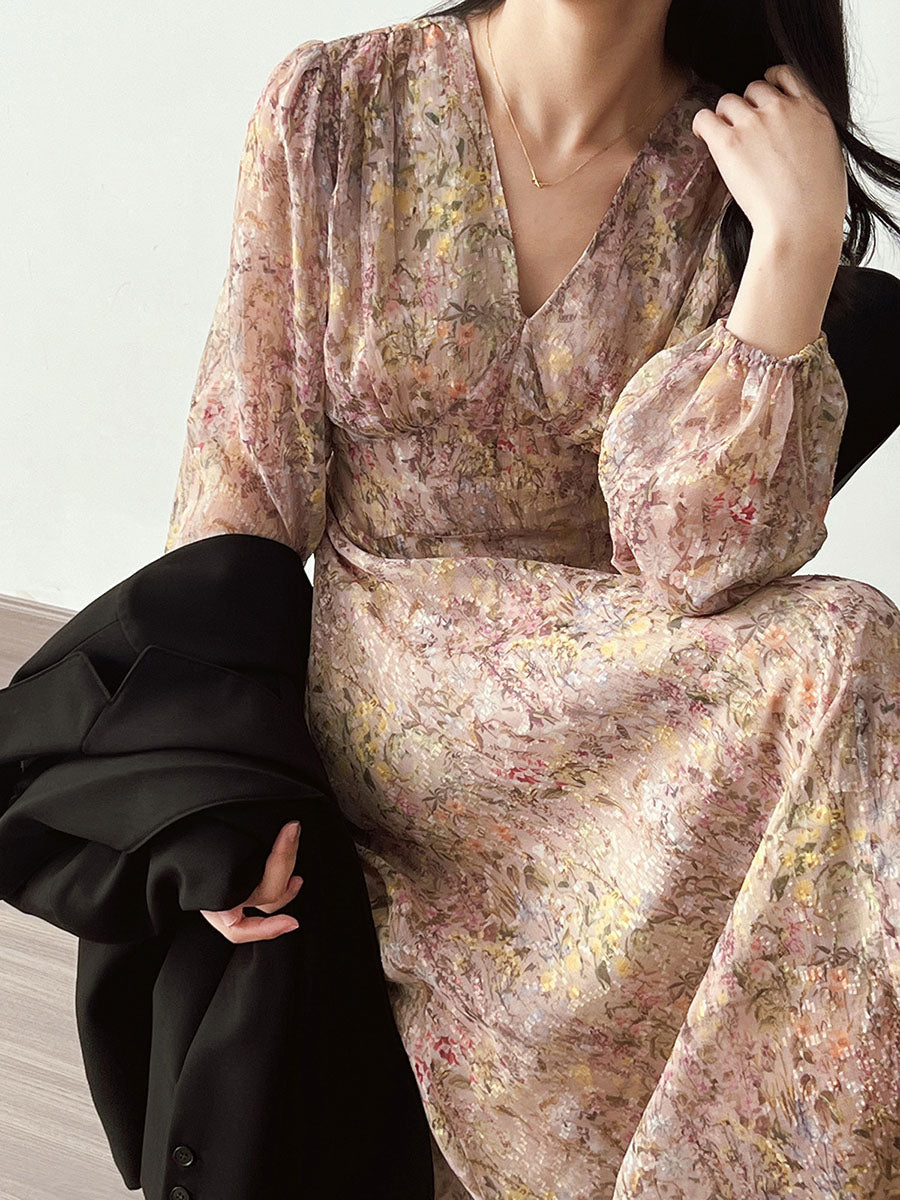 Derpai Elegantes langes Kleid mit Blumenprint Puffärmeln & V-Ausschnitt – für Urlaub