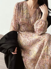 Derpai Elegantes langes Kleid mit Blumenprint Puffärmeln & V-Ausschnitt – für Urlaub