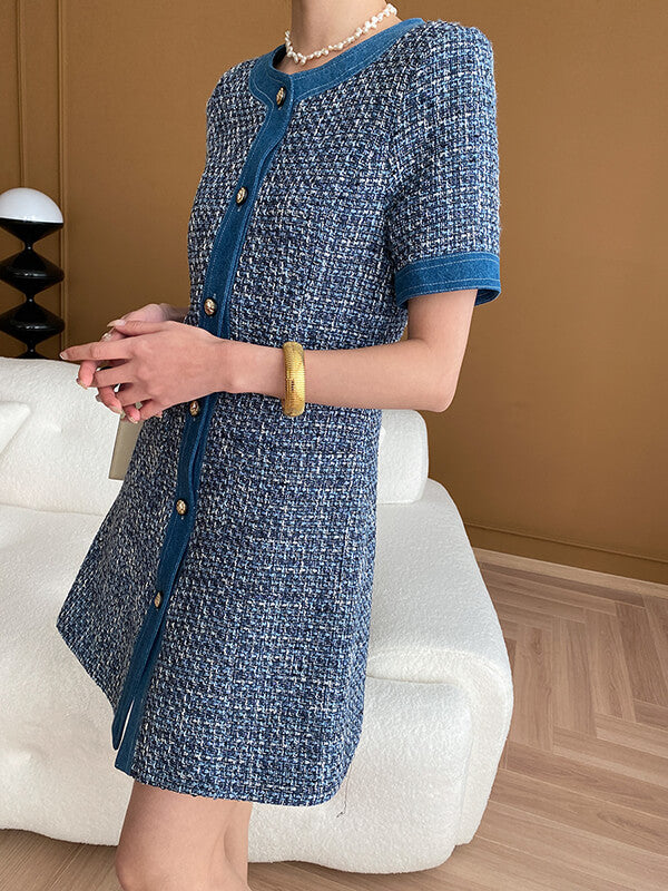 Derpai Mini-Tweedkleid aus Denim mit Rundhalsausschnitt & Taschen – für Abschlussball