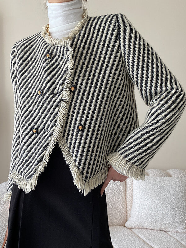 Derpai Kurze Tweedjacke mit Fransen Streifen und Taschen Damen elegant