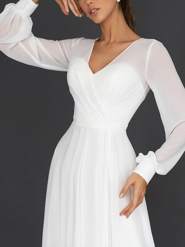 Derpai Weißes langes Chiffon-Abendkleid mit Bischofsärmeln & V-Ausschnitt – elegant