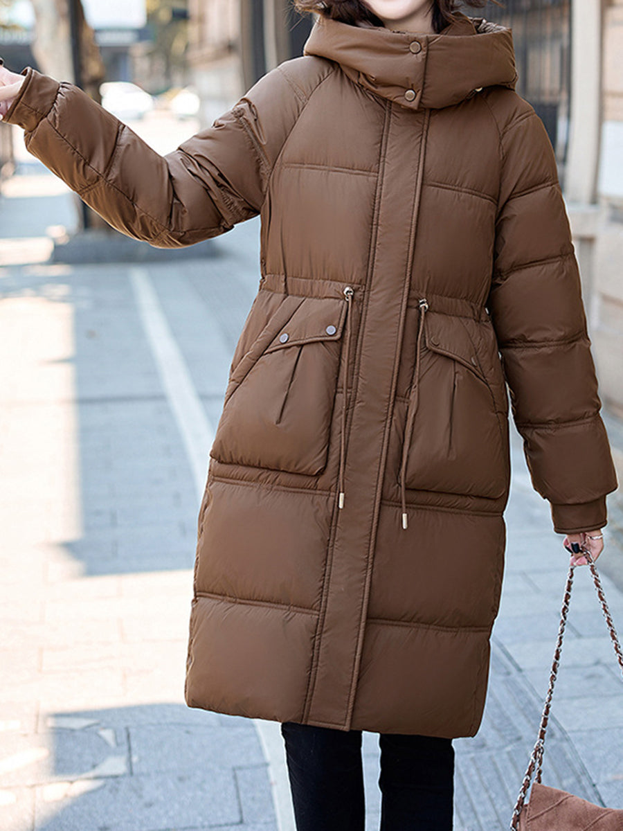 Derpai Langer Baumwollmantel mit Taschen und Kapuze Damen Winter