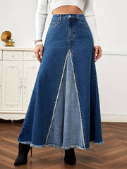 Cocolii longue jupe en jean fluide frange boutons poches femme mode d¨¦contract¨¦