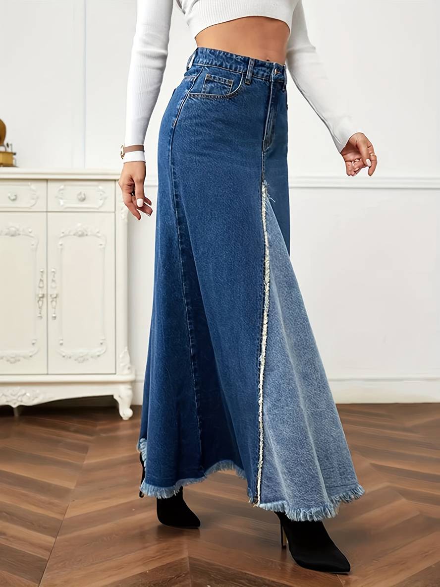 Cocolii longue jupe en jean fluide frange boutons poches femme mode d¨¦contract¨¦