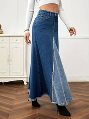 Cocolii longue jupe en jean fluide frange boutons poches femme mode d¨¦contract¨¦