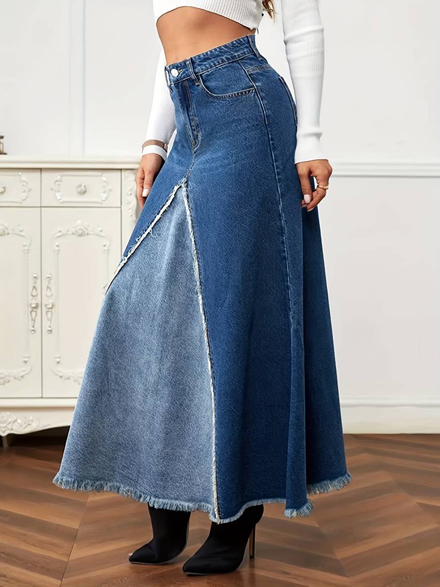 Cocolii longue jupe en jean fluide frange boutons poches femme mode d¨¦contract¨¦