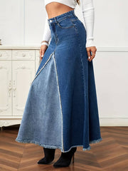 Cocolii longue jupe en jean fluide frange boutons poches femme mode d¨¦contract¨¦
