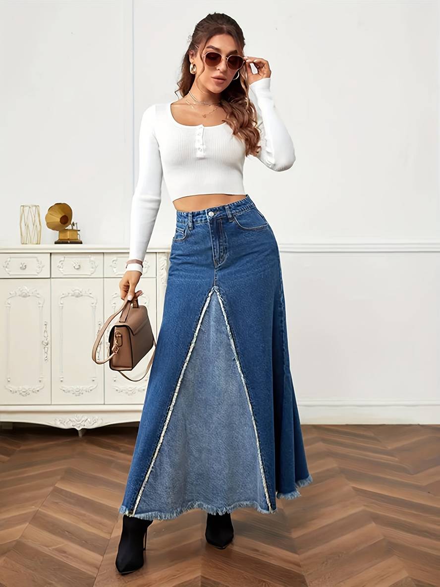 Cocolii longue jupe en jean fluide frange boutons poches femme mode d¨¦contract¨¦