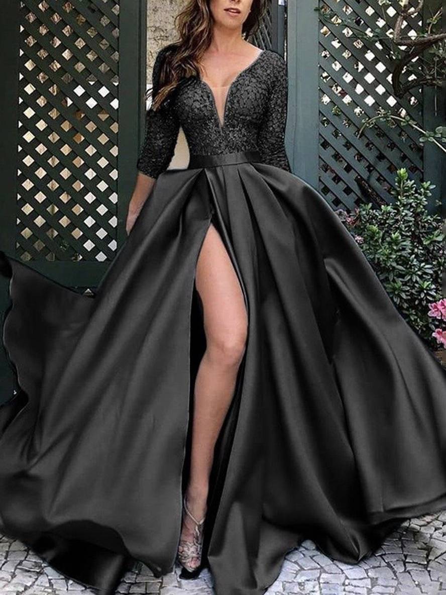 Cocolii robe maxi longue avec dentelle fendu le c?t¨¦ v-cou femme ¨¦l¨¦gant de soir¨¦e c¨¦r¨¦monie