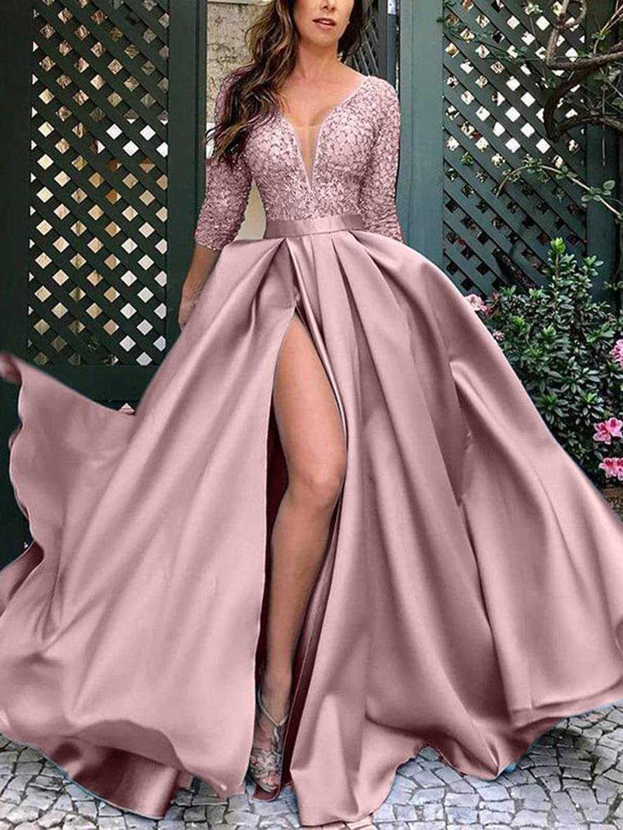 Cocolii robe maxi longue avec dentelle fendu le c?t¨¦ v-cou femme ¨¦l¨¦gant de soir¨¦e c¨¦r¨¦monie