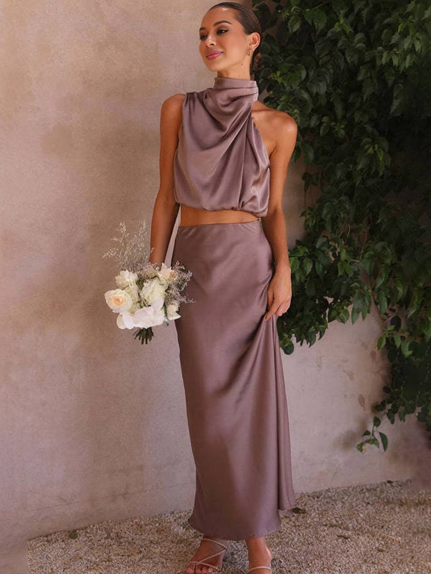 Cocolii robe tenue invit¨¦ mariage femme licou sans manches femme ¨¦l¨¦gant de soir¨¦e deux pi¨¨ces robe demoiselle d'honneur