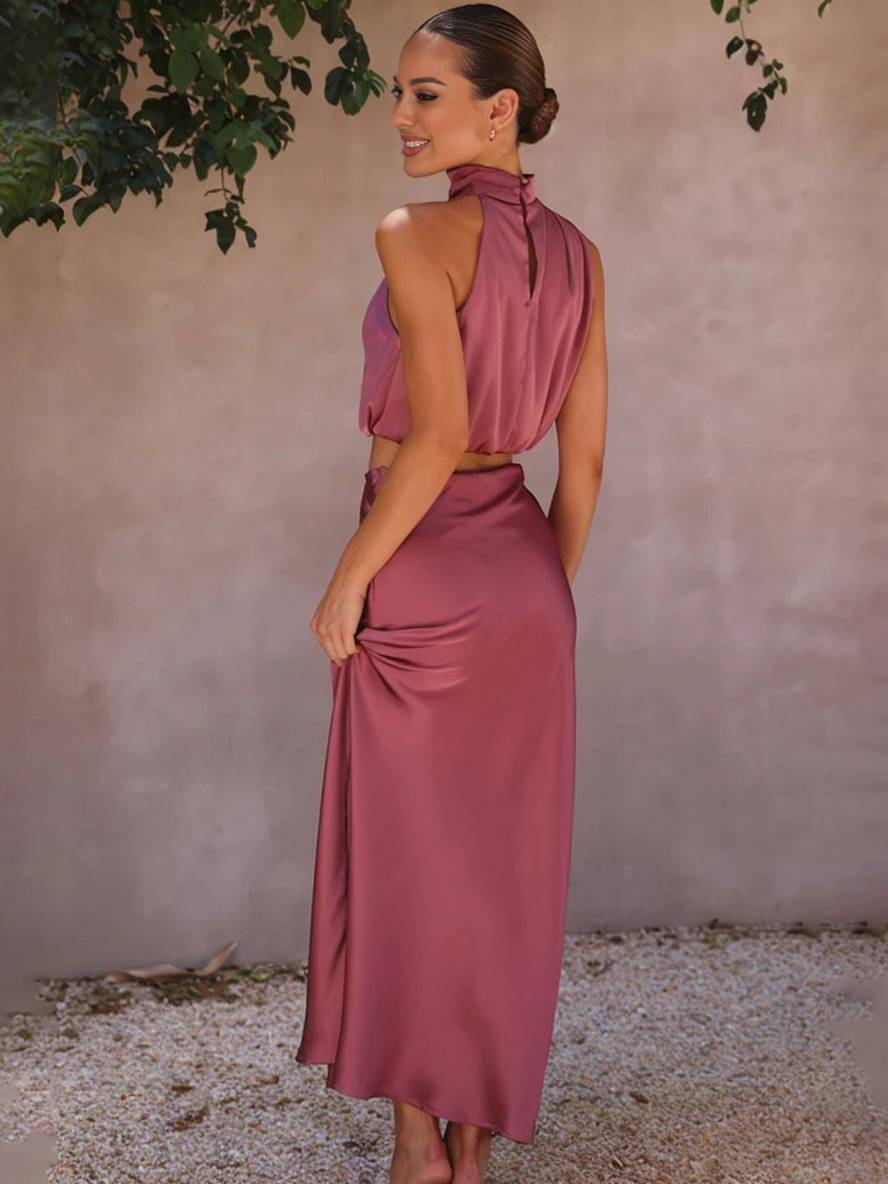 Cocolii robe tenue invit¨¦ mariage femme licou sans manches femme ¨¦l¨¦gant de soir¨¦e deux pi¨¨ces robe demoiselle d'honneur