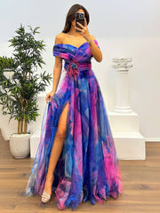 Cocolii splendide longue robe en tulle imprim¨¦ ¨¤ fleurie col bateau fendu le c?t¨¦ sans manches femme ¨¦l¨¦gant vintage de soir¨¦e