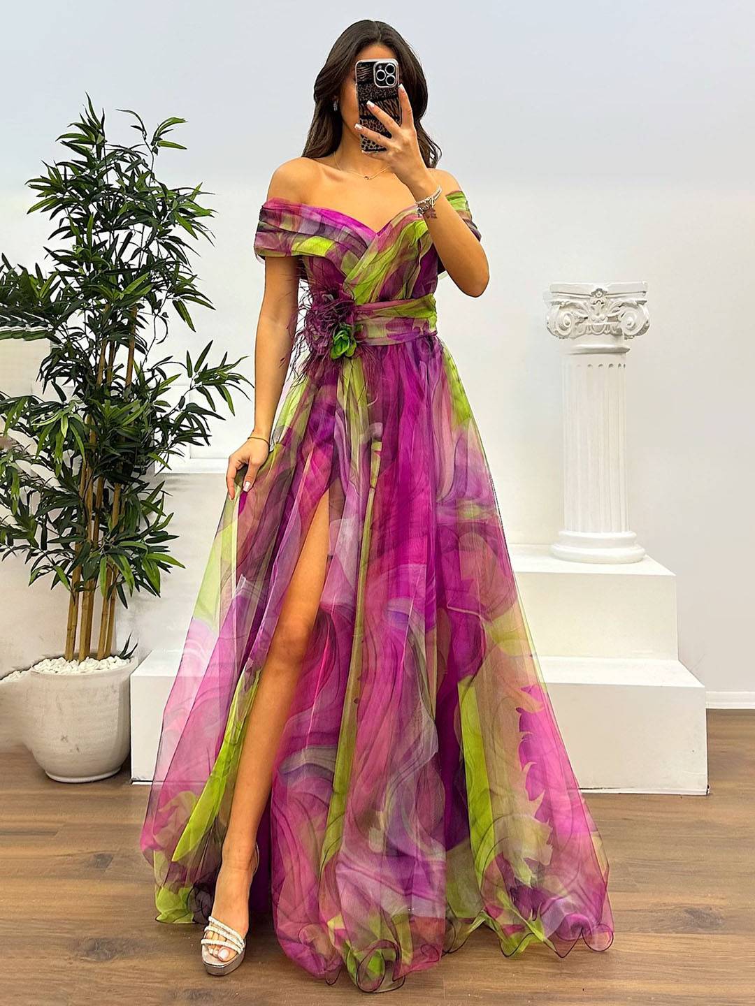 Cocolii splendide longue robe en tulle imprim¨¦ ¨¤ fleurie col bateau fendu le c?t¨¦ sans manches femme ¨¦l¨¦gant vintage de soir¨¦e