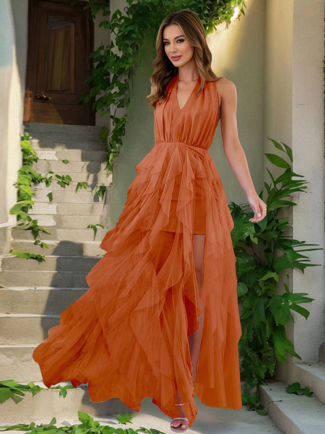 Cocolii robe longue v-cou irr¨¦guli¨¨re tulle fendu le c?t¨¦ sans manches femme doux ¨¦l¨¦gant anniversaire c¨¦r¨¦monie