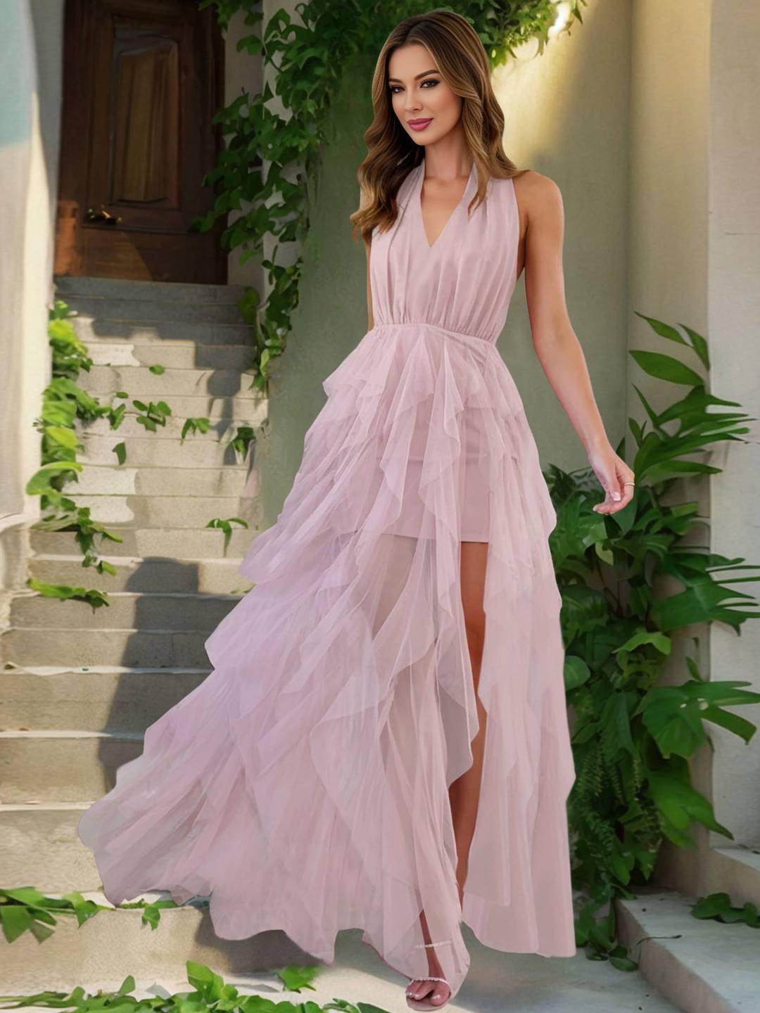 Cocolii robe longue v-cou irr¨¦guli¨¨re tulle fendu le c?t¨¦ sans manches femme doux ¨¦l¨¦gant anniversaire c¨¦r¨¦monie