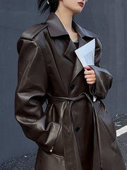 Cocolii longue manteau en simili cuir boutonnage poches ceinture manches longues femme ¨¦l¨¦gant mode oversized veste