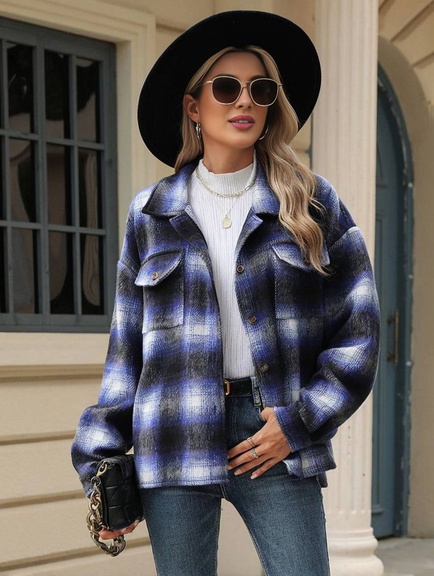 Cocolii veste surchemise femme carreaux boutonnage poches col revers femme d¨¦contract¨¦ ample manteau