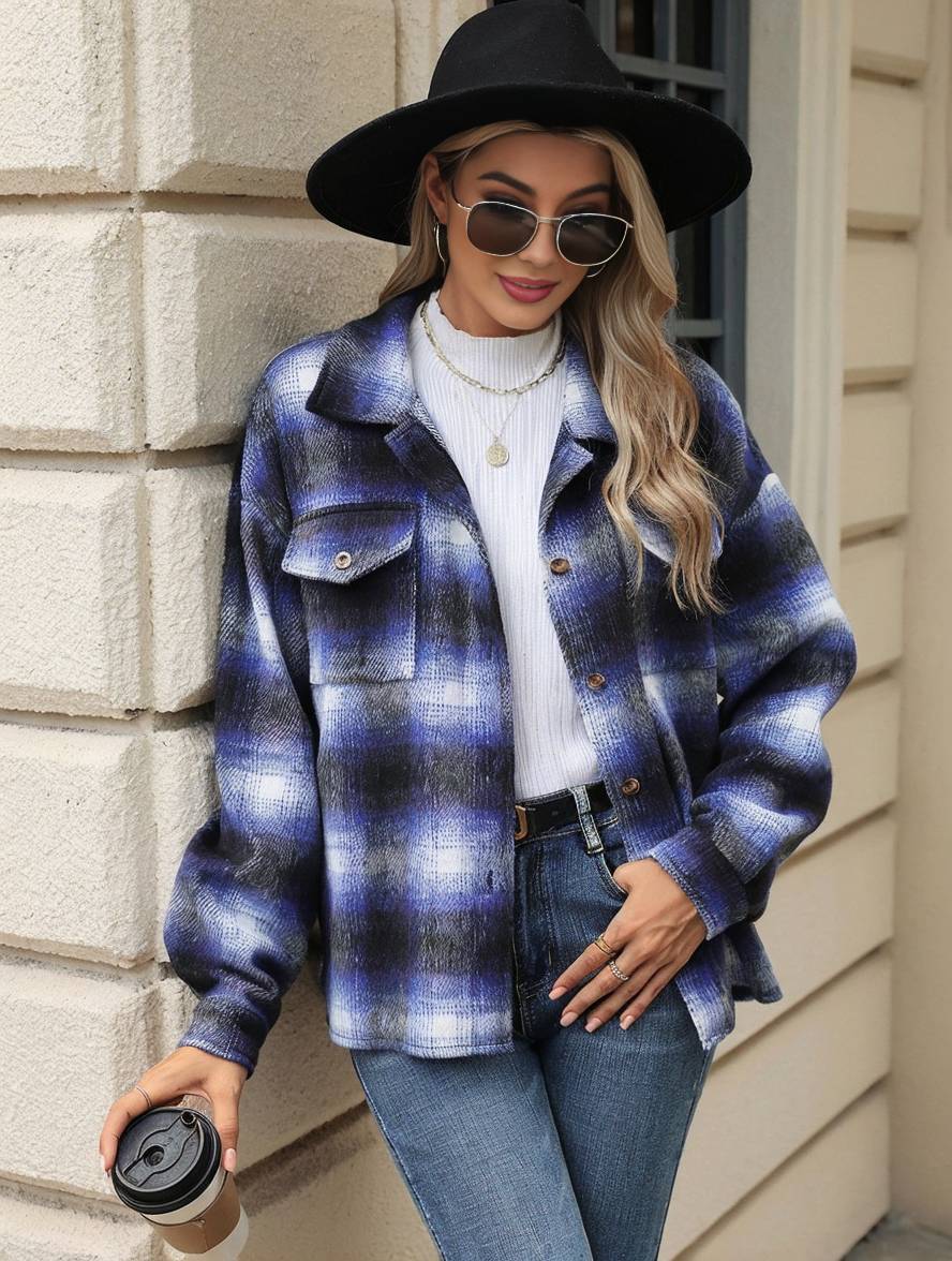 Cocolii veste surchemise femme carreaux boutonnage poches col revers femme d¨¦contract¨¦ ample manteau
