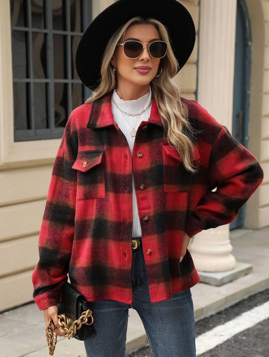 Cocolii veste surchemise femme carreaux boutonnage poches col revers femme d¨¦contract¨¦ ample manteau
