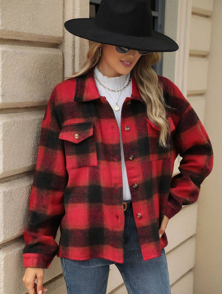 Cocolii veste surchemise femme carreaux boutonnage poches col revers femme d¨¦contract¨¦ ample manteau