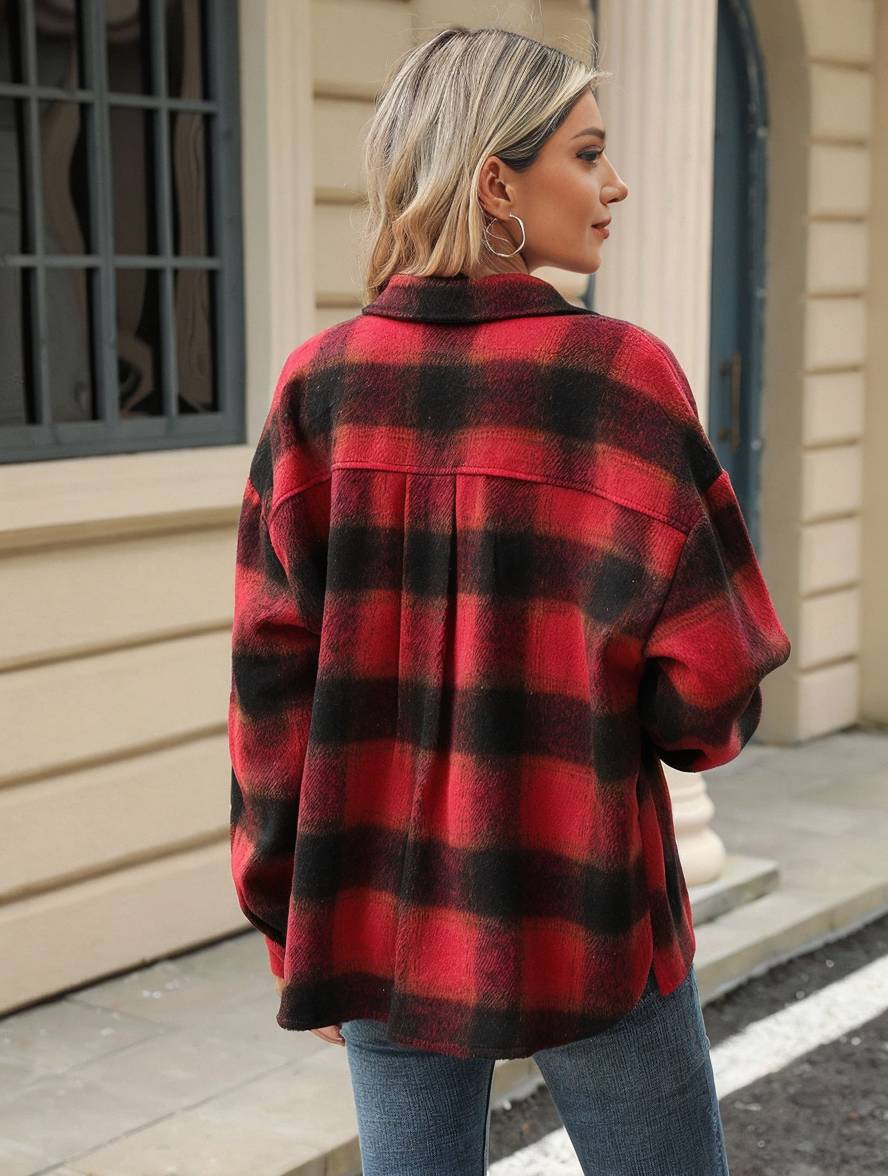 Cocolii veste surchemise femme carreaux boutonnage poches col revers femme d¨¦contract¨¦ ample manteau