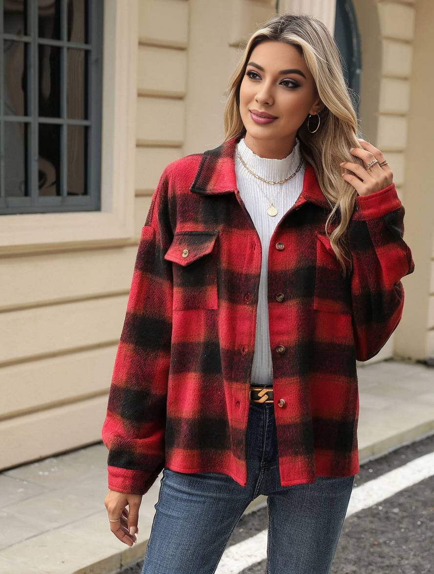 Cocolii veste surchemise femme carreaux boutonnage poches col revers femme d¨¦contract¨¦ ample manteau