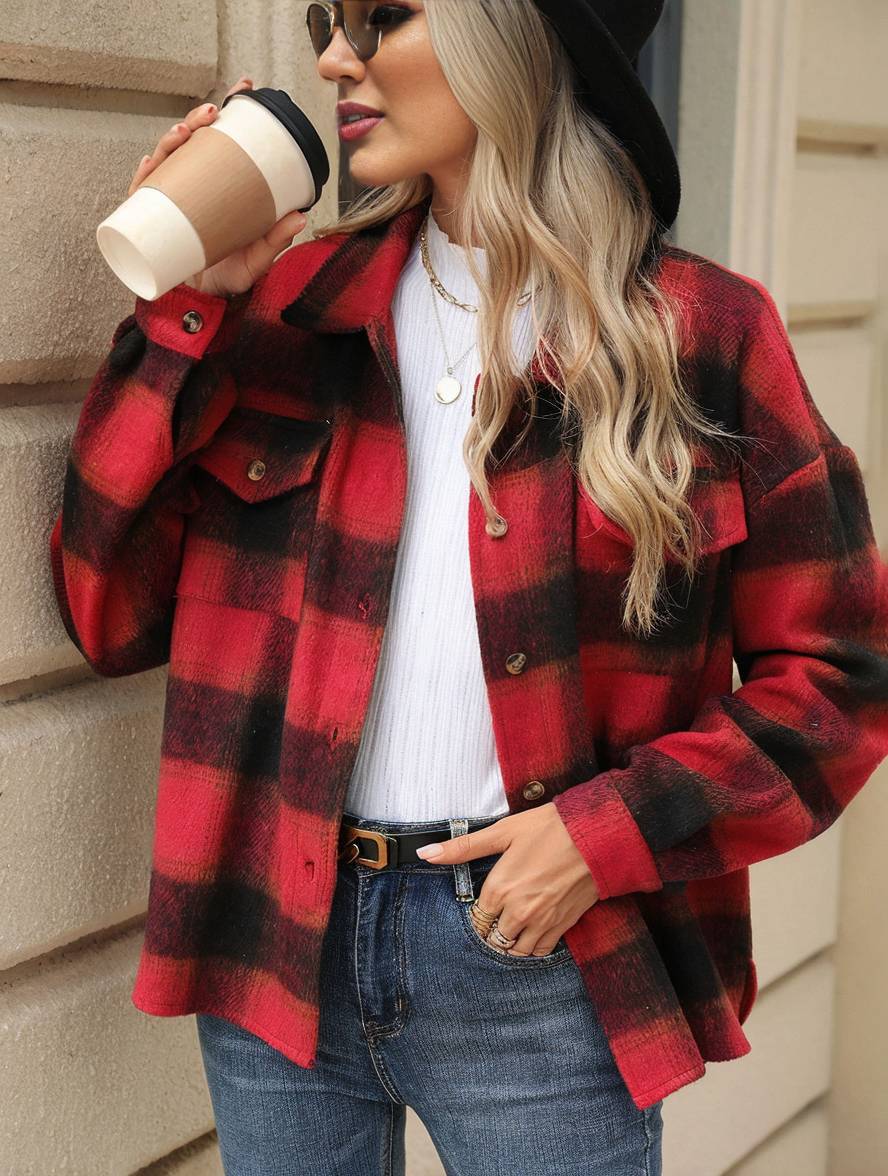 Cocolii veste surchemise femme carreaux boutonnage poches col revers femme d¨¦contract¨¦ ample manteau