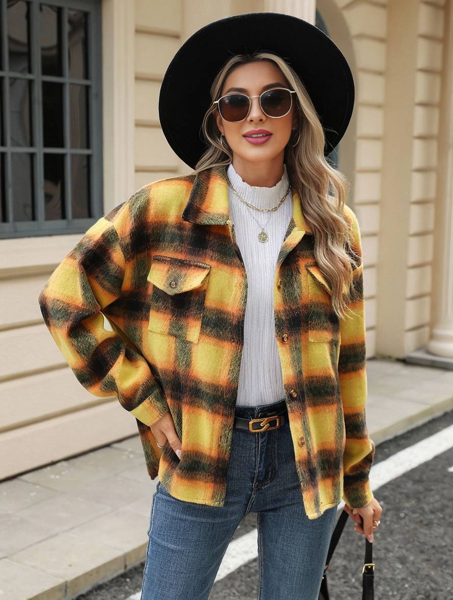 Cocolii veste surchemise femme carreaux boutonnage poches col revers femme d¨¦contract¨¦ ample manteau