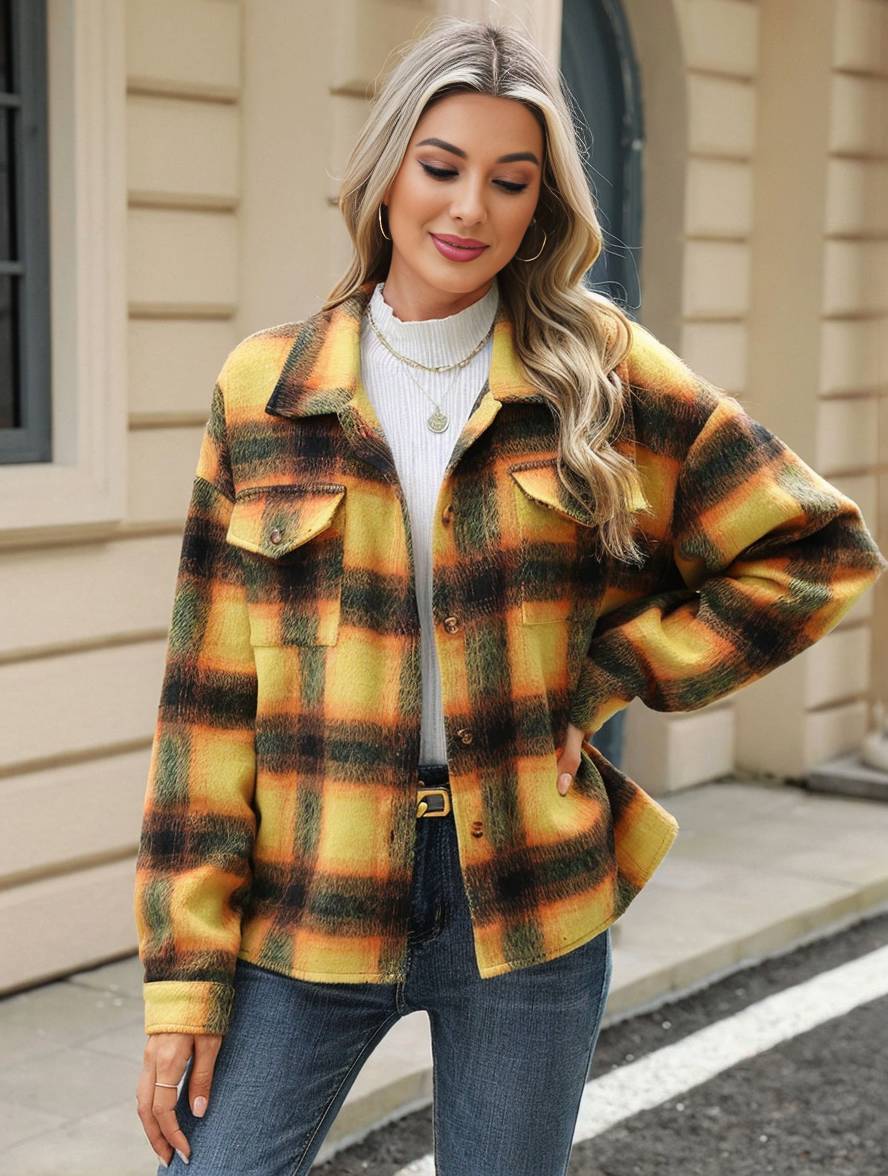 Cocolii veste surchemise femme carreaux boutonnage poches col revers femme d¨¦contract¨¦ ample manteau