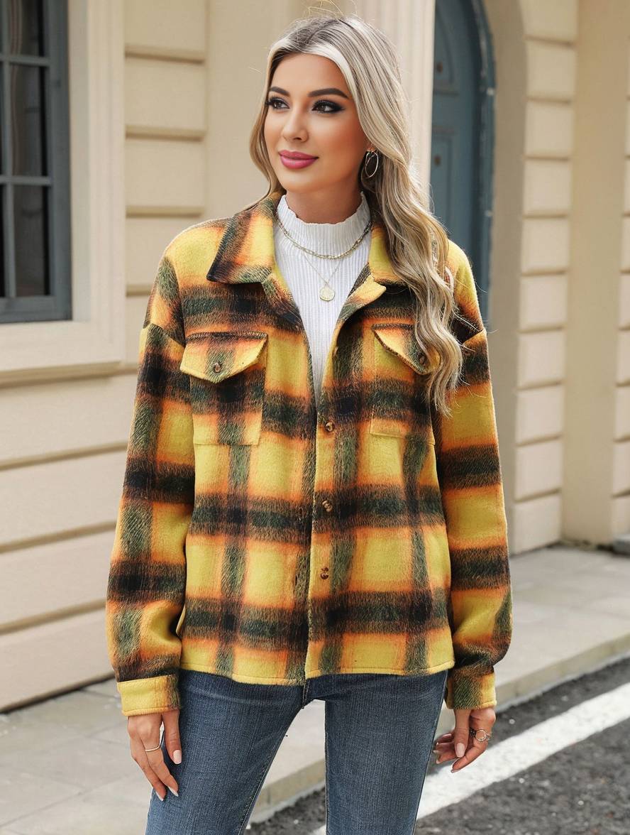 Cocolii veste surchemise femme carreaux boutonnage poches col revers femme d¨¦contract¨¦ ample manteau