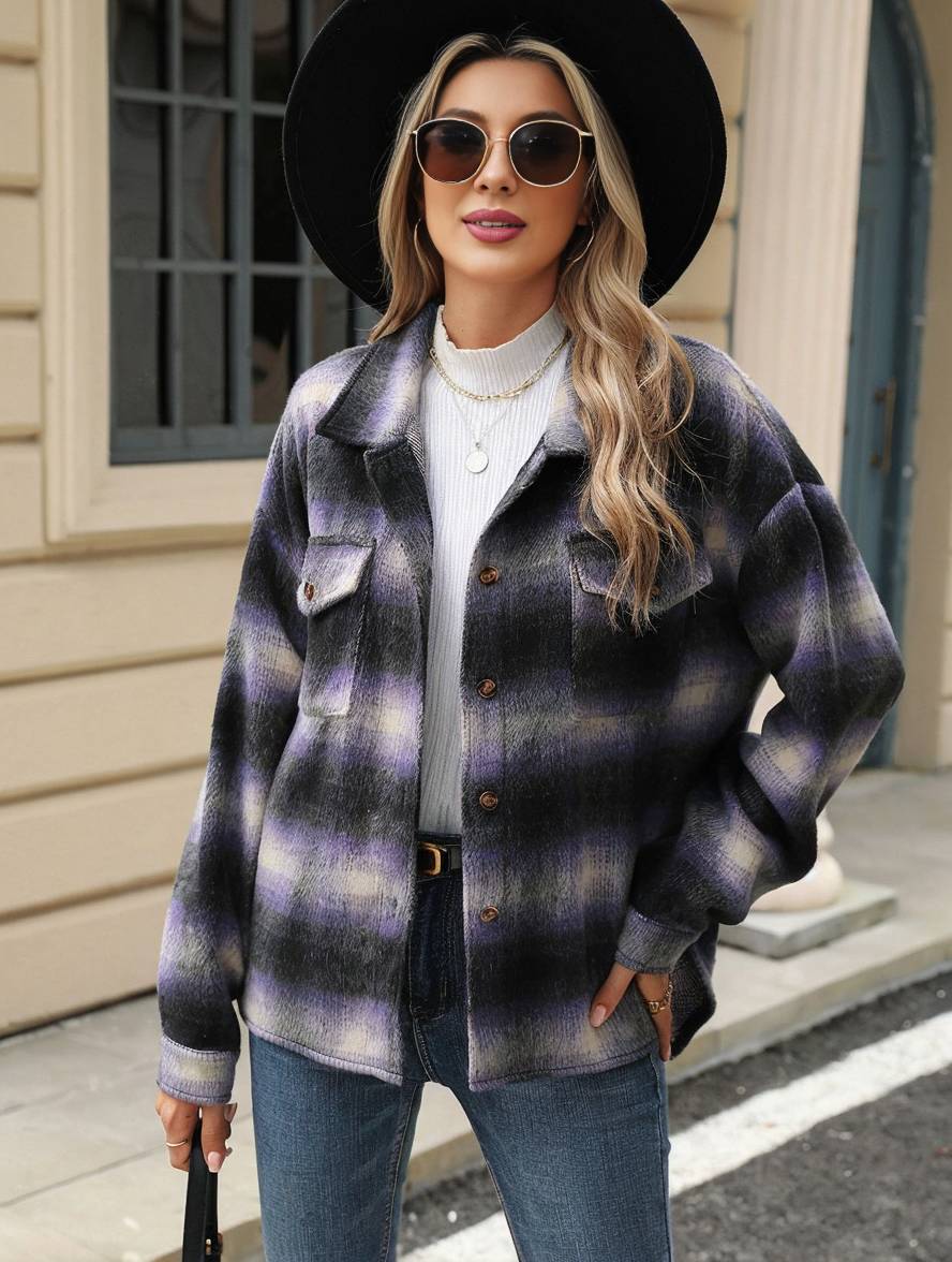 Cocolii veste surchemise femme carreaux boutonnage poches col revers femme d¨¦contract¨¦ ample manteau