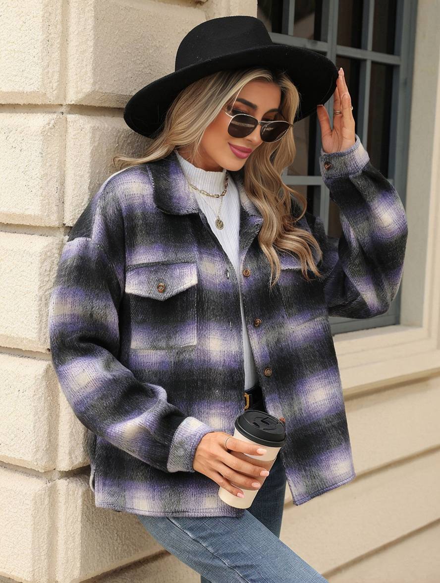 Cocolii veste surchemise femme carreaux boutonnage poches col revers femme d¨¦contract¨¦ ample manteau