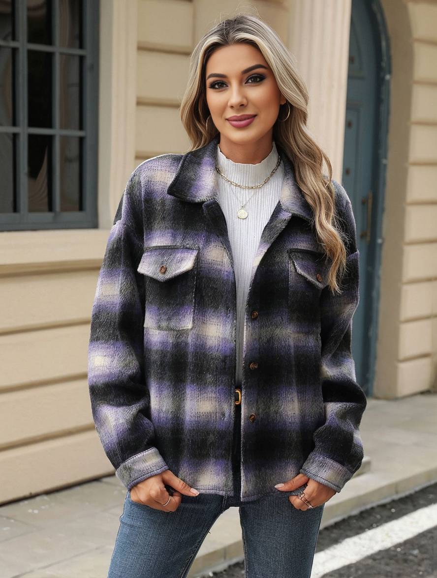 Cocolii veste surchemise femme carreaux boutonnage poches col revers femme d¨¦contract¨¦ ample manteau