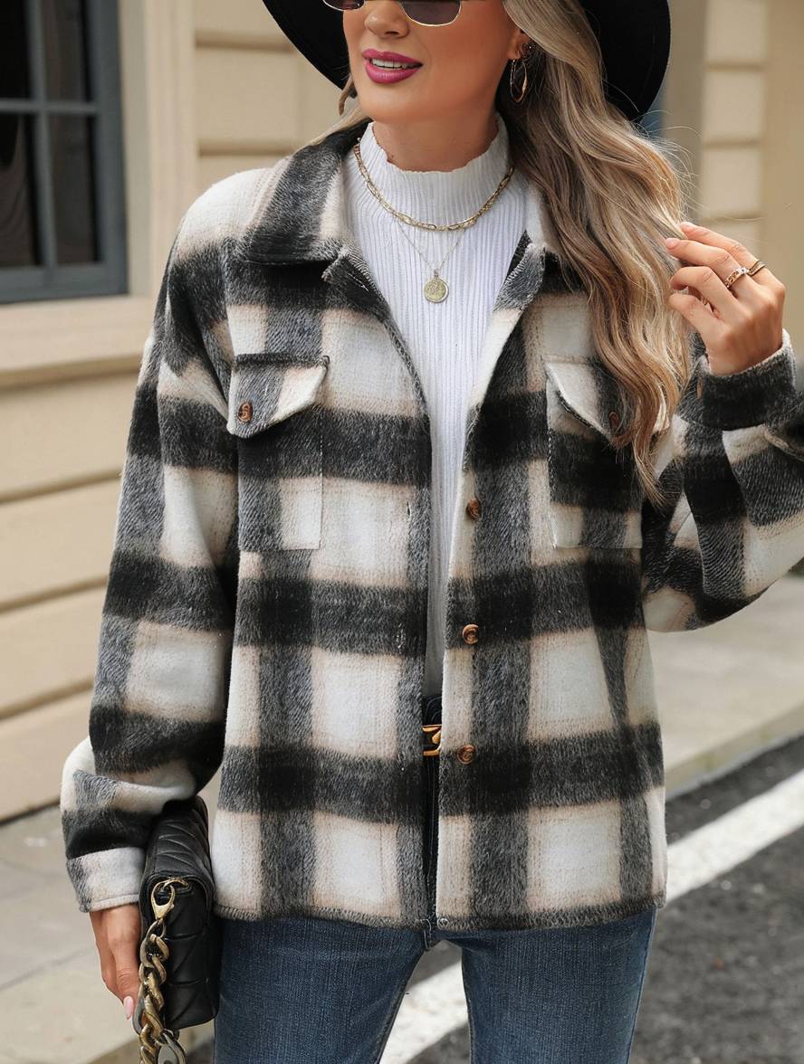 Cocolii veste surchemise femme carreaux boutonnage poches col revers femme d¨¦contract¨¦ ample manteau