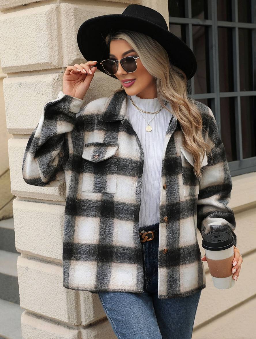 Cocolii veste surchemise femme carreaux boutonnage poches col revers femme d¨¦contract¨¦ ample manteau