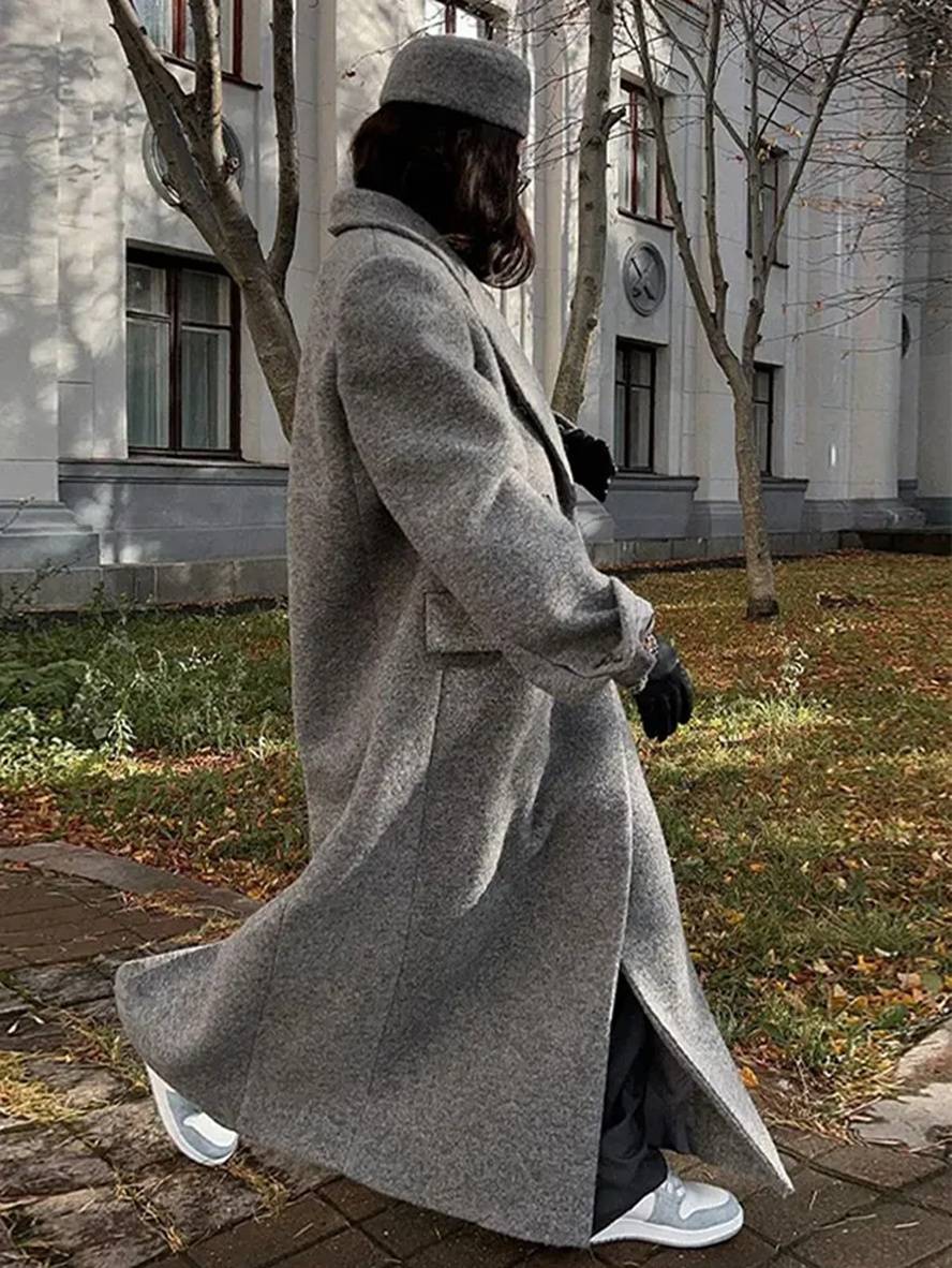 longue manteau caban double boutonnage poches col revers manches longues femme d¨¦contract¨¦ oversized manteau chin¨¦
