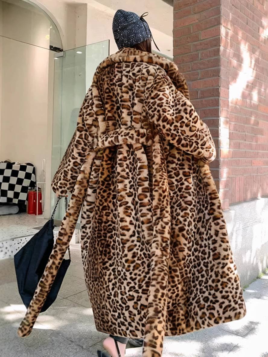 Cocolii longue manteau en fausse fourrure l¨¦opard ceinture manches longues femme ¨¦l¨¦gant d¨¦contract¨¦ mode hiver veste