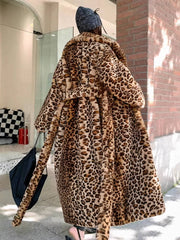 Cocolii longue manteau en fausse fourrure l¨¦opard ceinture manches longues femme ¨¦l¨¦gant d¨¦contract¨¦ mode hiver veste