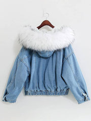 Cocolii vestes en jean belly fausse fourrure doubl¨¦ polaire capuche chic femme manteau bleu