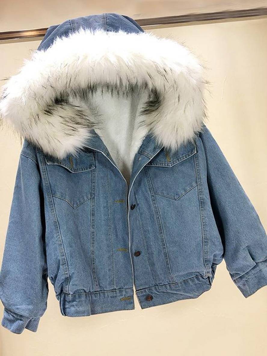 Cocolii vestes en jean belly fausse fourrure doubl¨¦ polaire capuche chic femme manteau bleu