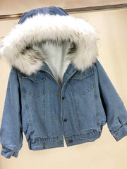 Cocolii vestes en jean belly fausse fourrure doubl¨¦ polaire capuche chic femme manteau bleu