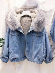 Cocolii vestes en jean belly fausse fourrure doubl¨¦ polaire capuche chic femme manteau bleu