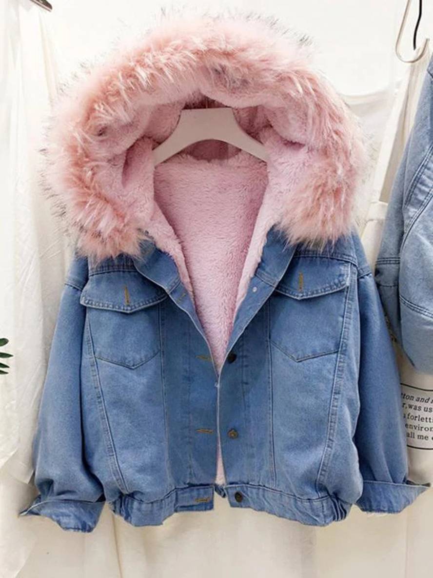Cocolii vestes en jean belly fausse fourrure doubl¨¦ polaire capuche chic femme manteau bleu